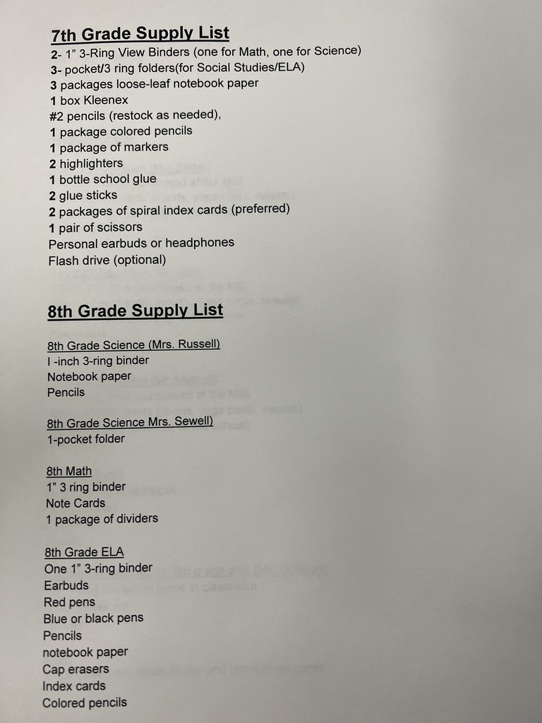 School Supply List.