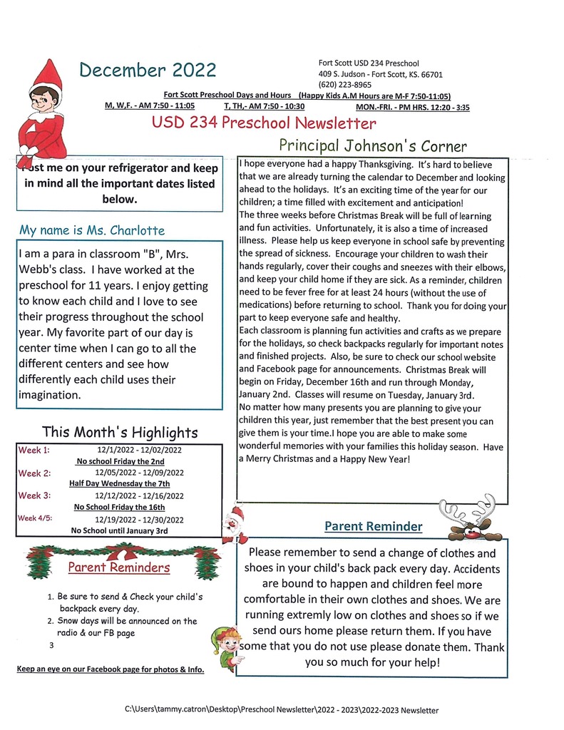 December 2022 Preschool Newsletter